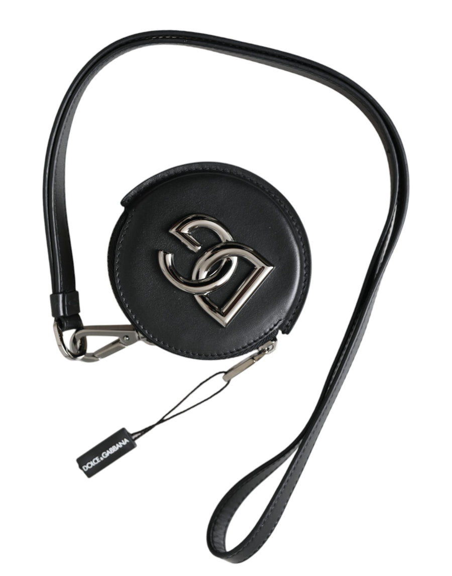 Dolce & Gabbana Black Round Leather Dg Logo Coin Purse Lanyard Wallet