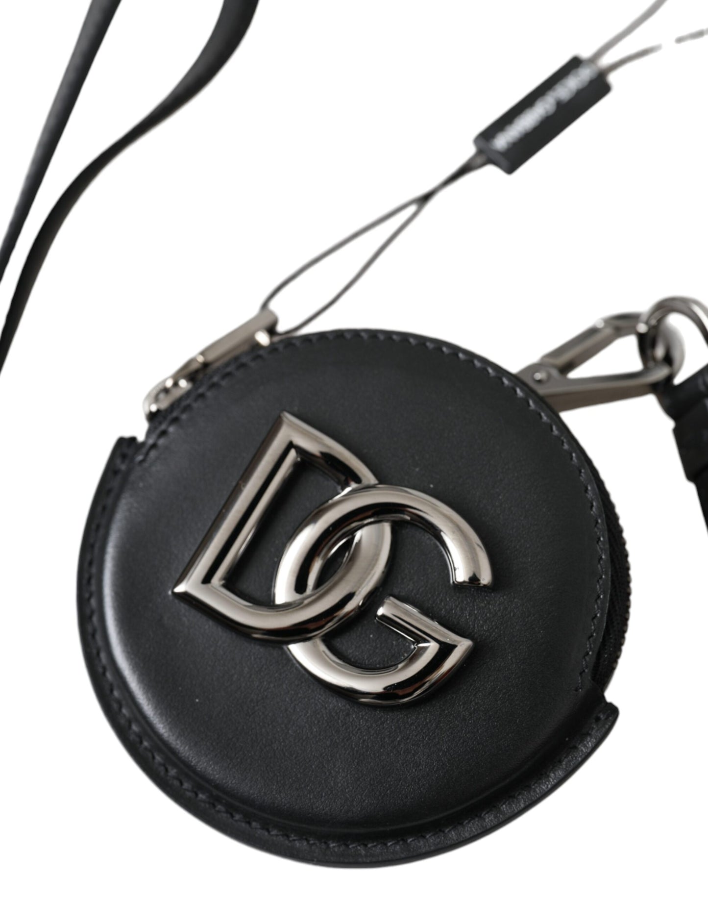 Dolce & Gabbana Black Round Leather Dg Logo Coin Purse Lanyard Wallet