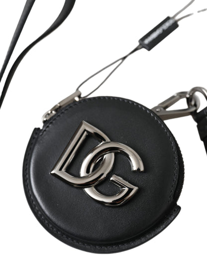 Dolce & Gabbana Black Round Leather Dg Logo Coin Purse Lanyard Wallet