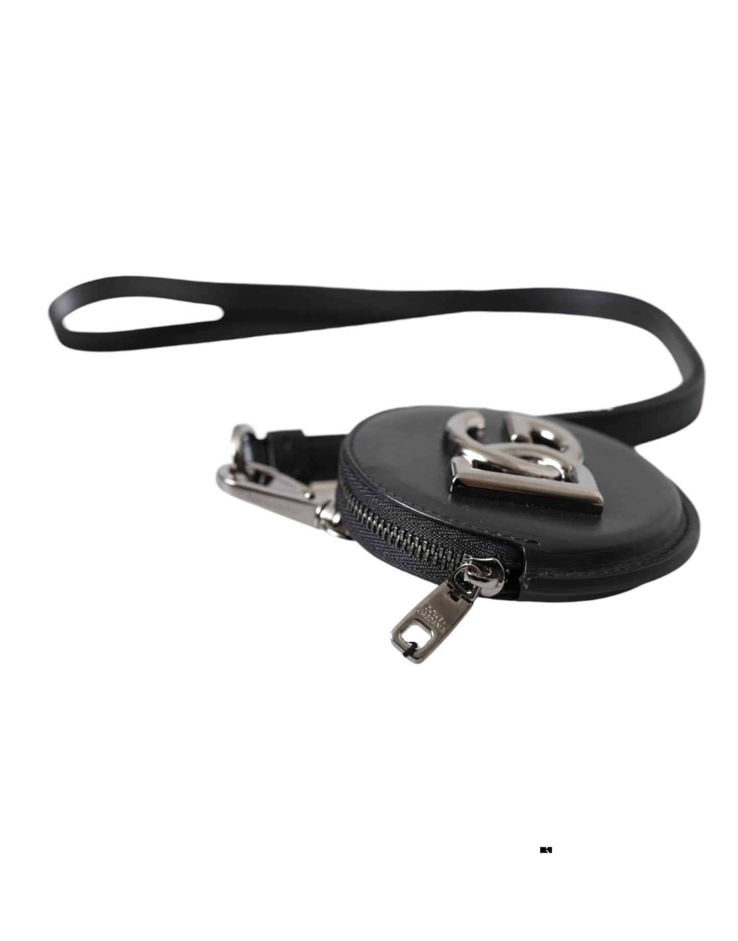 Dolce & Gabbana Black Round Leather Dg Logo Coin Purse Lanyard Wallet
