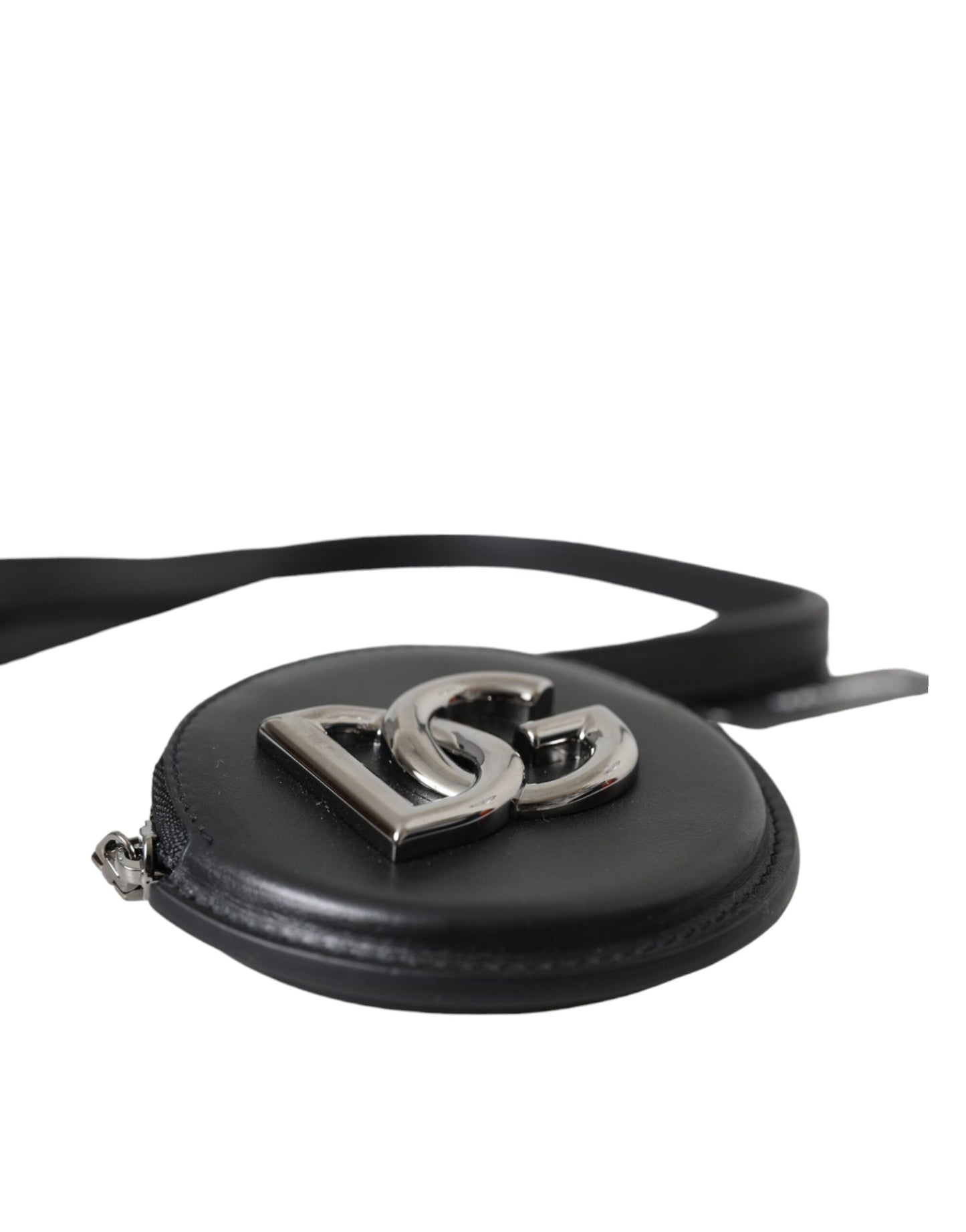 Dolce & Gabbana Black Round Leather Dg Logo Coin Purse Lanyard Wallet