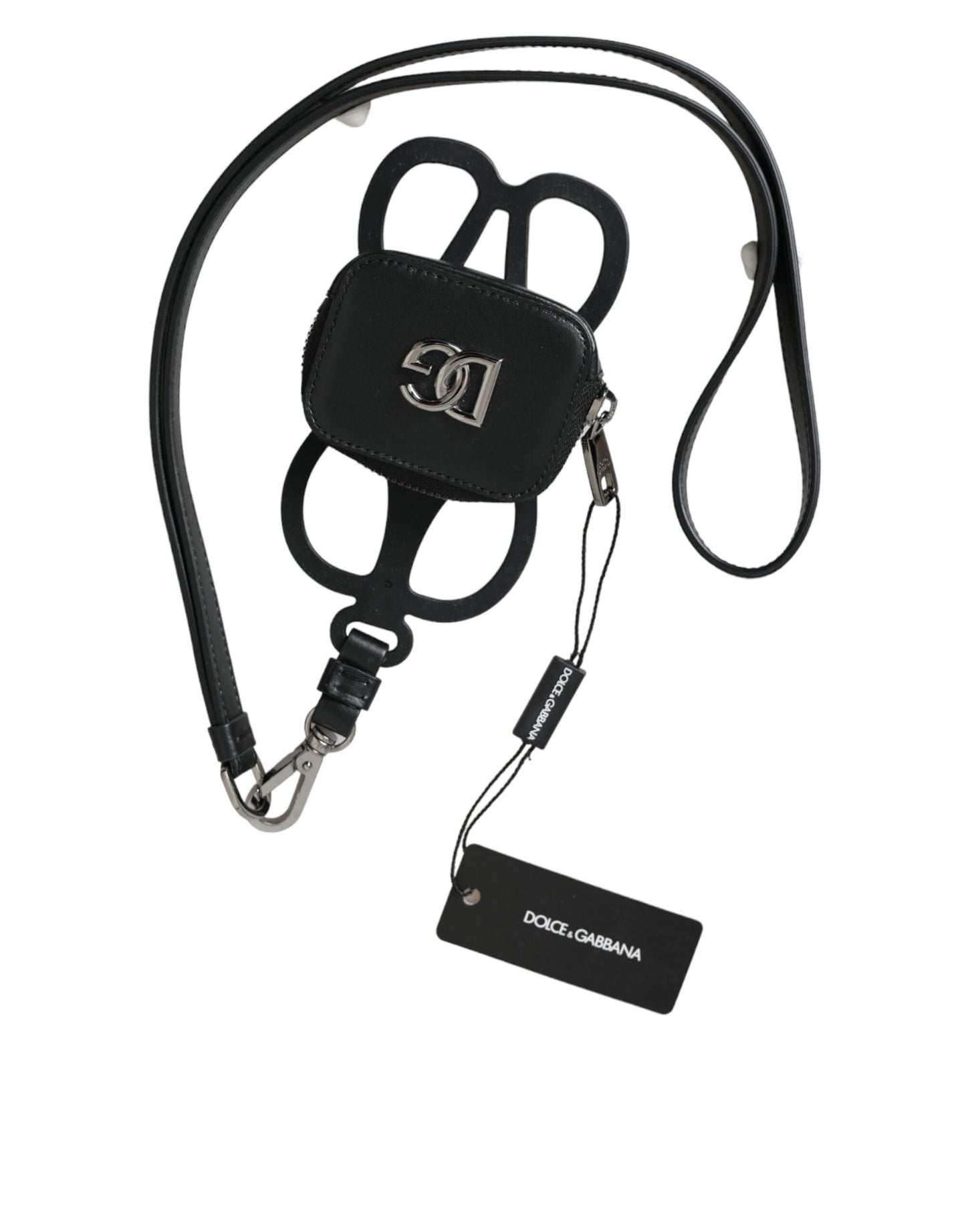 Dolce & Gabbana Black Calfskin Leather Dg Logo Coin Purse Lanyard Wallet