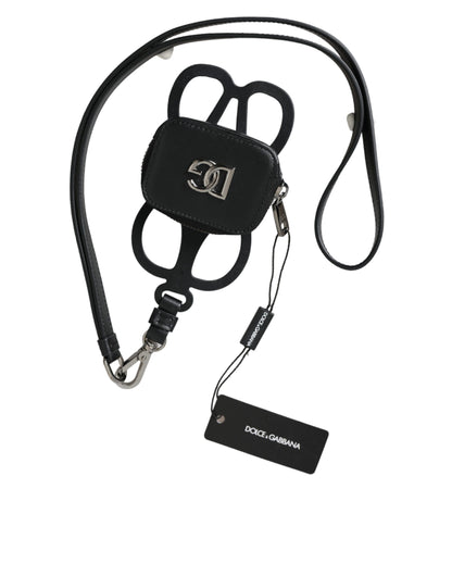 Dolce & Gabbana Black Calfskin Leather Dg Logo Coin Purse Lanyard Wallet