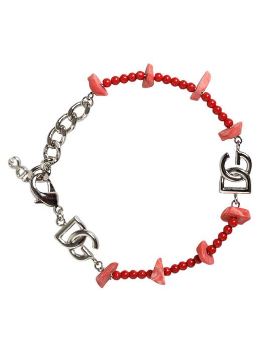 Dolce & Gabbana Silver Tone Brass Beaded Resin Dg Logo Chain Bracelet