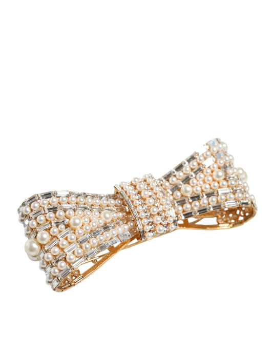 Dolce & Gabbana Gold Tone Brass Bow Crystal Fauxpearl Embellished Brooch