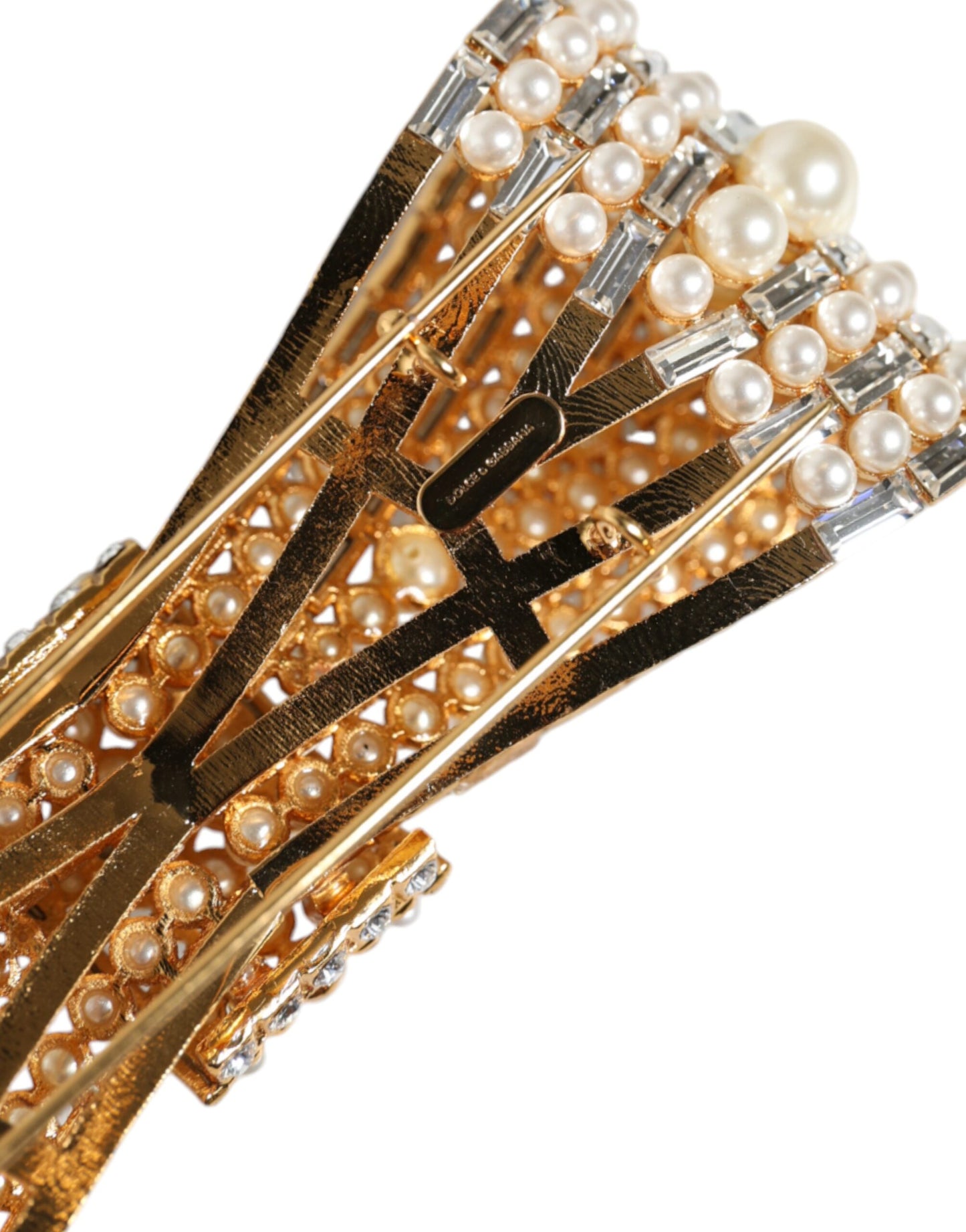 Dolce & Gabbana Gold Tone Brass Bow Crystal Fauxpearl Embellished Brooch