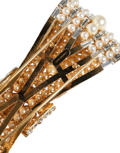 Dolce & Gabbana Gold Tone Brass Bow Crystal Fauxpearl Embellished Brooch
