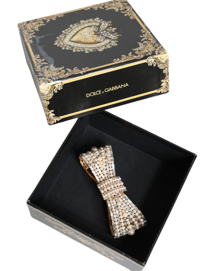 Dolce & Gabbana Gold Tone Brass Bow Crystal Fauxpearl Embellished Brooch