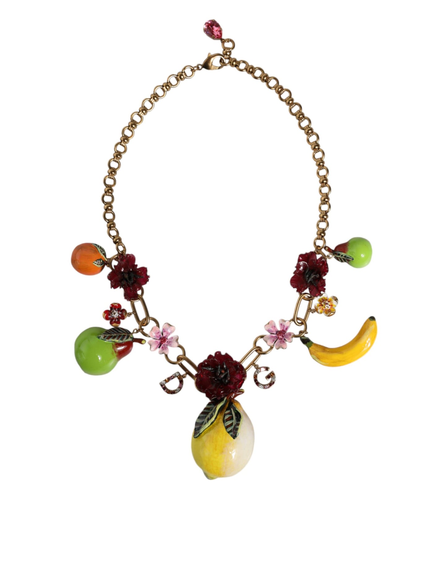 Dolce & Gabbana Gold Brass Fruit Pendants Flowers Crystal Logo Necklace