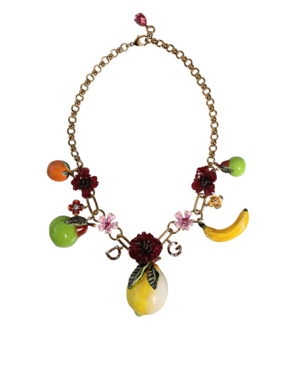 Dolce & Gabbana Gold Brass Fruit Pendants Flowers Crystal Logo Necklace