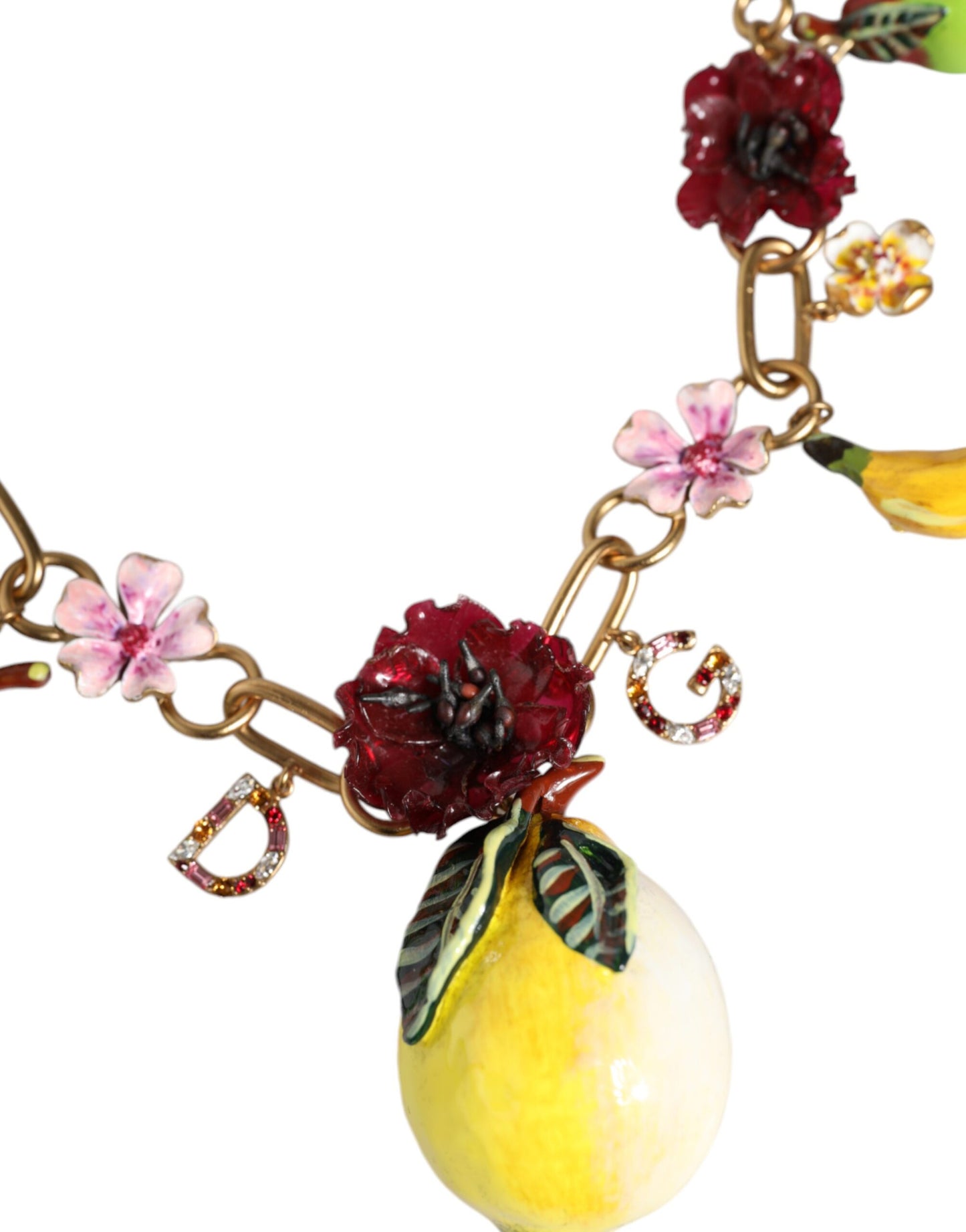 Dolce & Gabbana Gold Brass Fruit Pendants Flowers Crystal Logo Necklace
