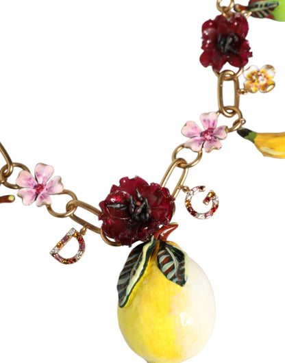 Dolce & Gabbana Gold Brass Fruit Pendants Flowers Crystal Logo Necklace