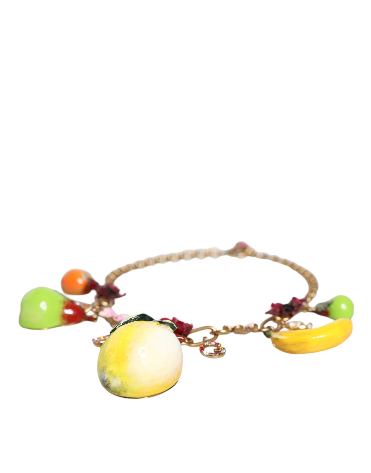 Dolce & Gabbana Gold Brass Fruit Pendants Flowers Crystal Logo Necklace