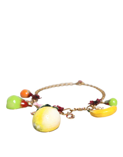 Dolce & Gabbana Gold Brass Fruit Pendants Flowers Crystal Logo Necklace