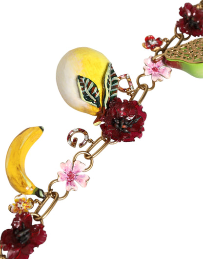 Dolce & Gabbana Gold Brass Fruit Pendants Flowers Crystal Logo Necklace