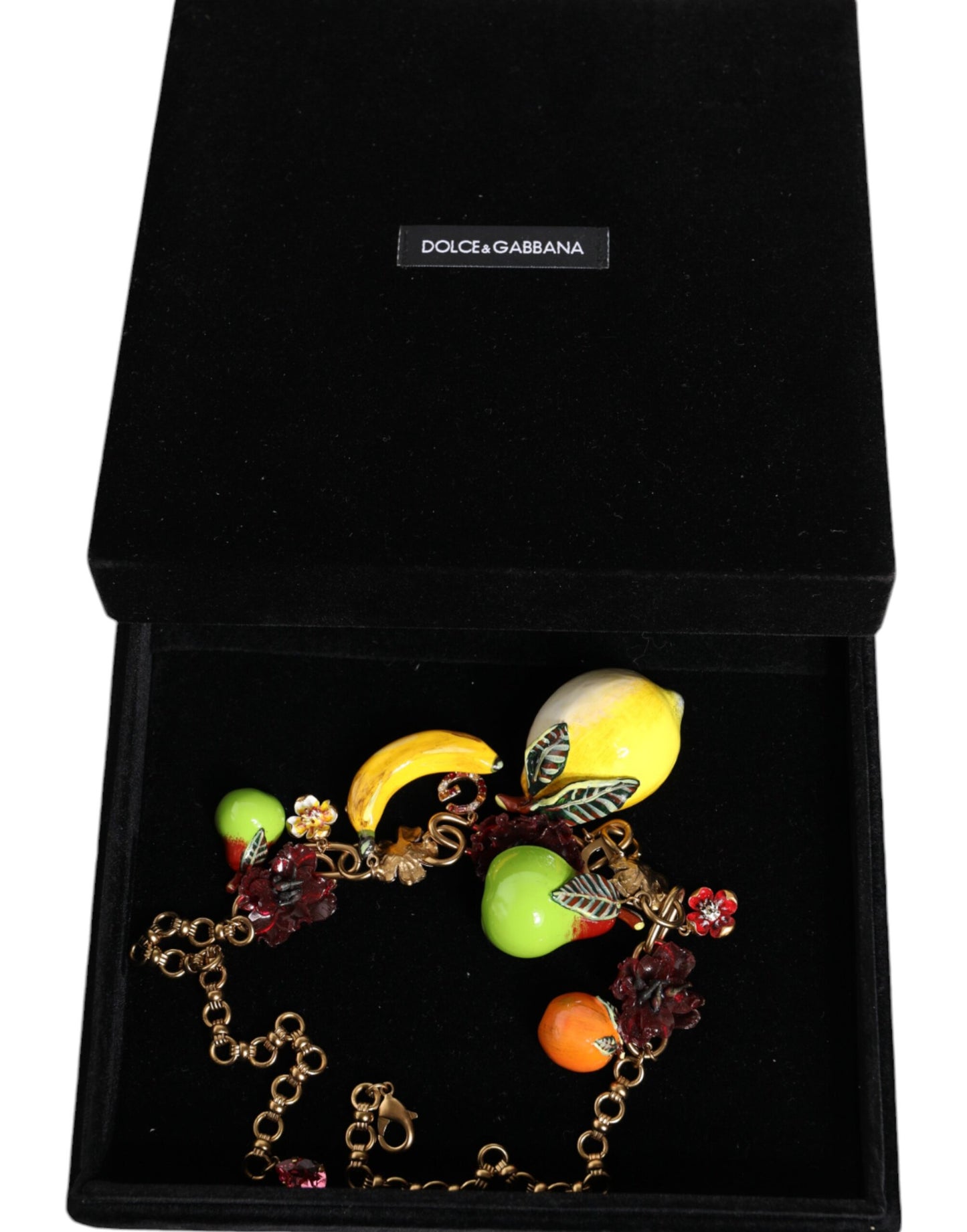 Dolce & Gabbana Gold Brass Fruit Pendants Flowers Crystal Logo Necklace
