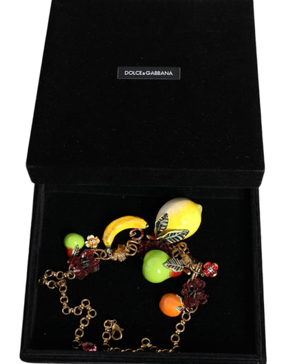 Dolce & Gabbana Gold Brass Fruit Pendants Flowers Crystal Logo Necklace