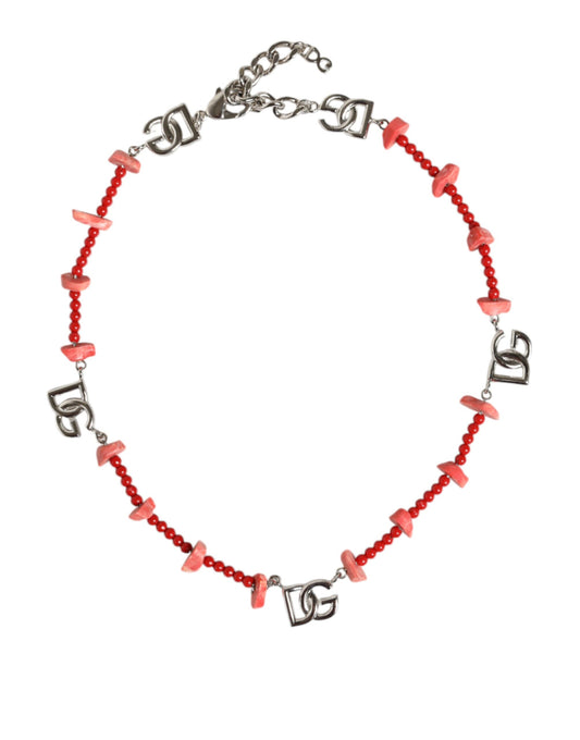 Dolce & Gabbana Silver Tone Brass Beaded Resin Dg Logo Chain Necklace
