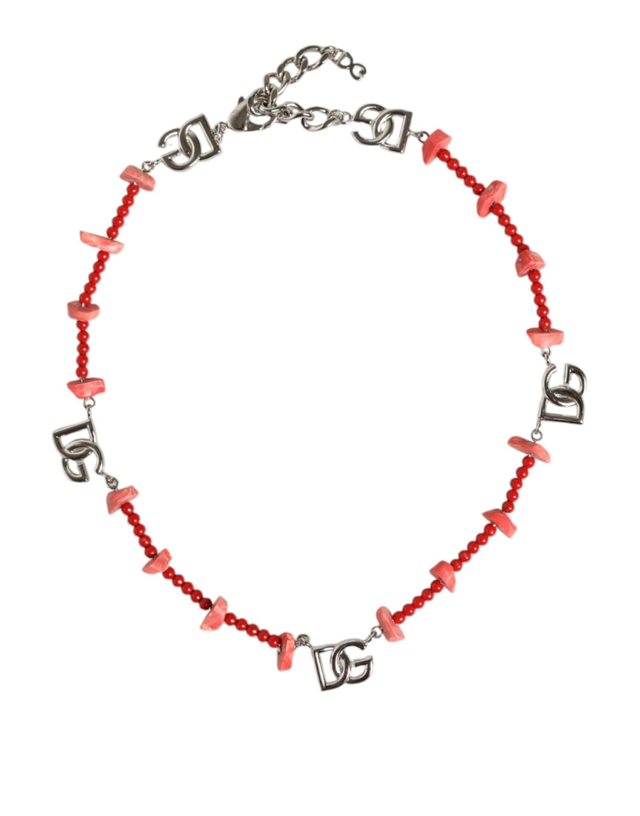 Dolce & Gabbana Silver Tone Brass Beaded Resin Dg Logo Chain Necklace
