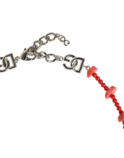Dolce & Gabbana Silver Tone Brass Beaded Resin Dg Logo Chain Necklace