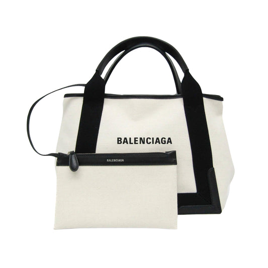 Balenciaga White Canvas Navy Cabas