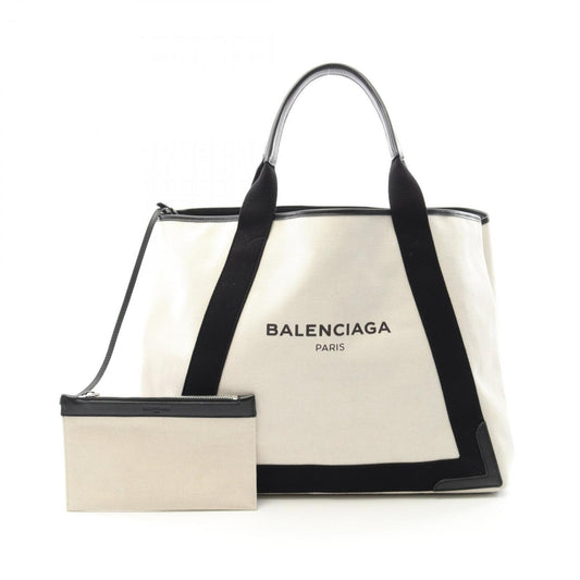 Balenciaga White Canvas Navy Cabas
