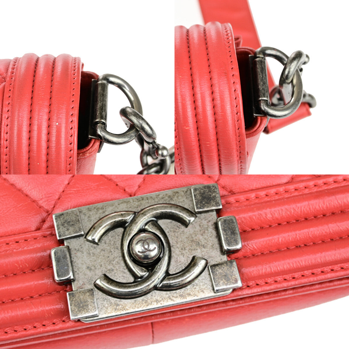 Chanel Red Leather Boy Flap Bag With Strap