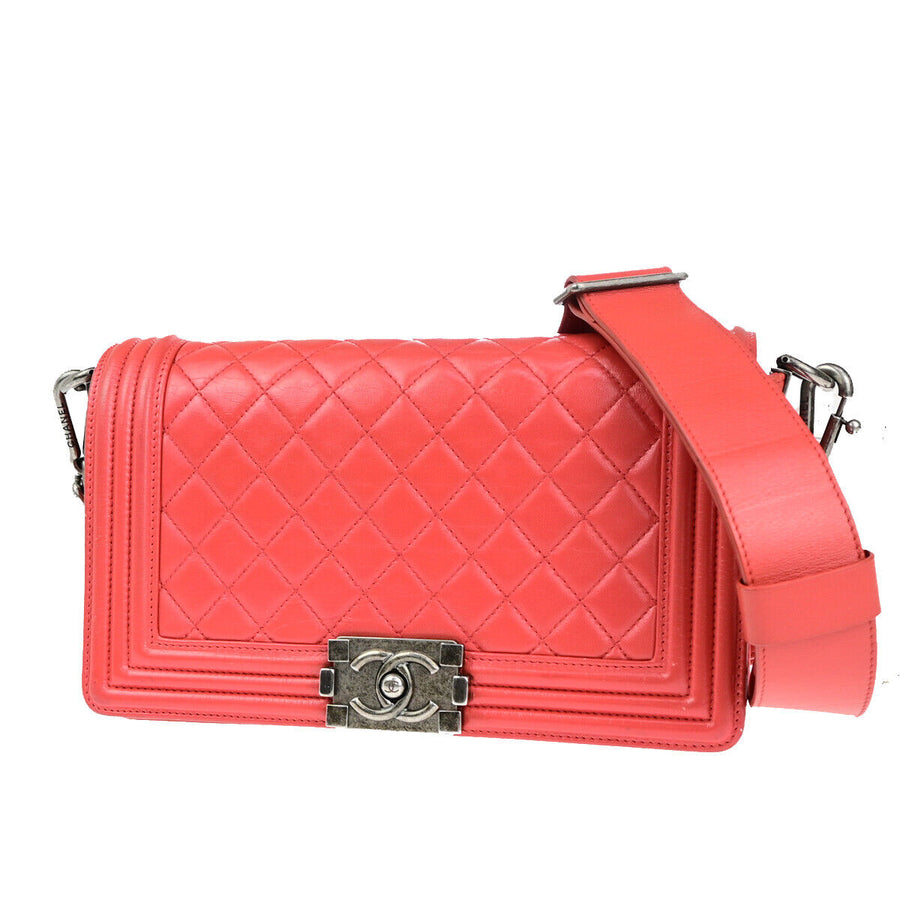 Chanel Red Leather Boy Flap Bag With Strap
