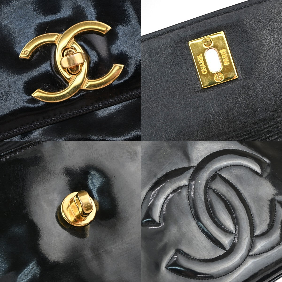 Chanel Black Patent_leather Logo Chain Shoulder Bag