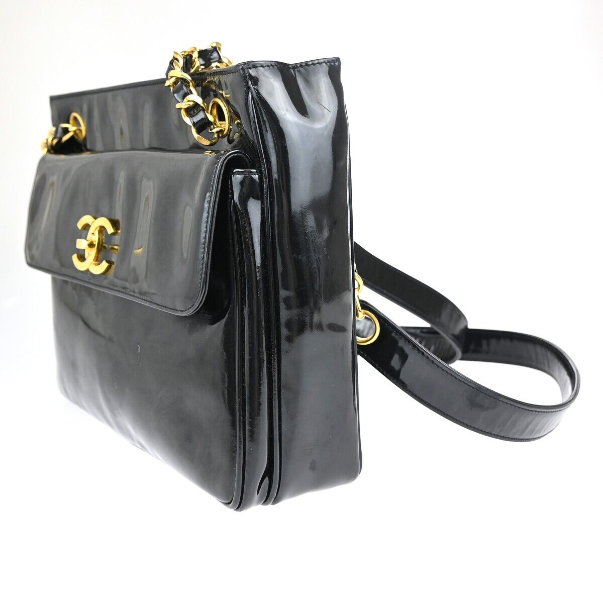 Chanel Black Patent_leather Logo Chain Shoulder Bag