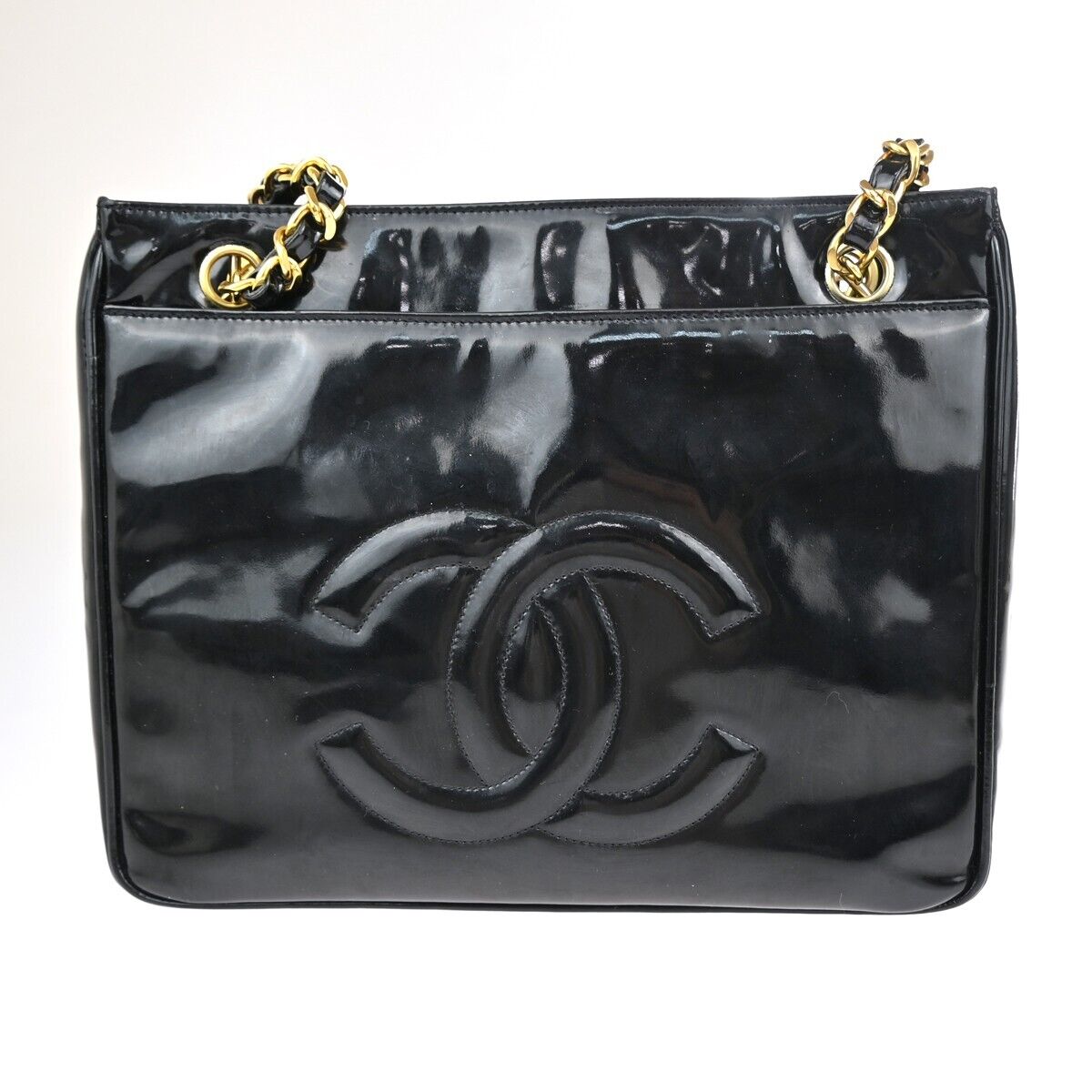 Chanel Black Patent_leather Logo Chain Shoulder Bag
