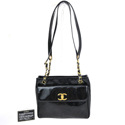Chanel Black Patent_leather Logo Chain Shoulder Bag