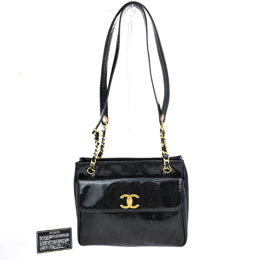 Chanel Black Patent_leather Logo Chain Shoulder Bag