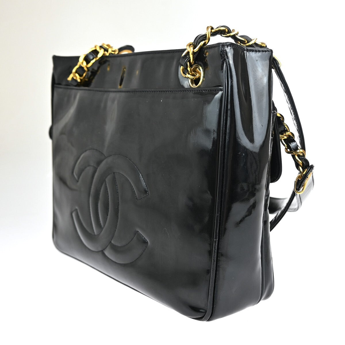 Chanel Black Patent_leather Logo Chain Shoulder Bag