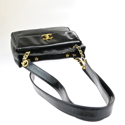 Chanel Black Patent_leather Logo Chain Shoulder Bag