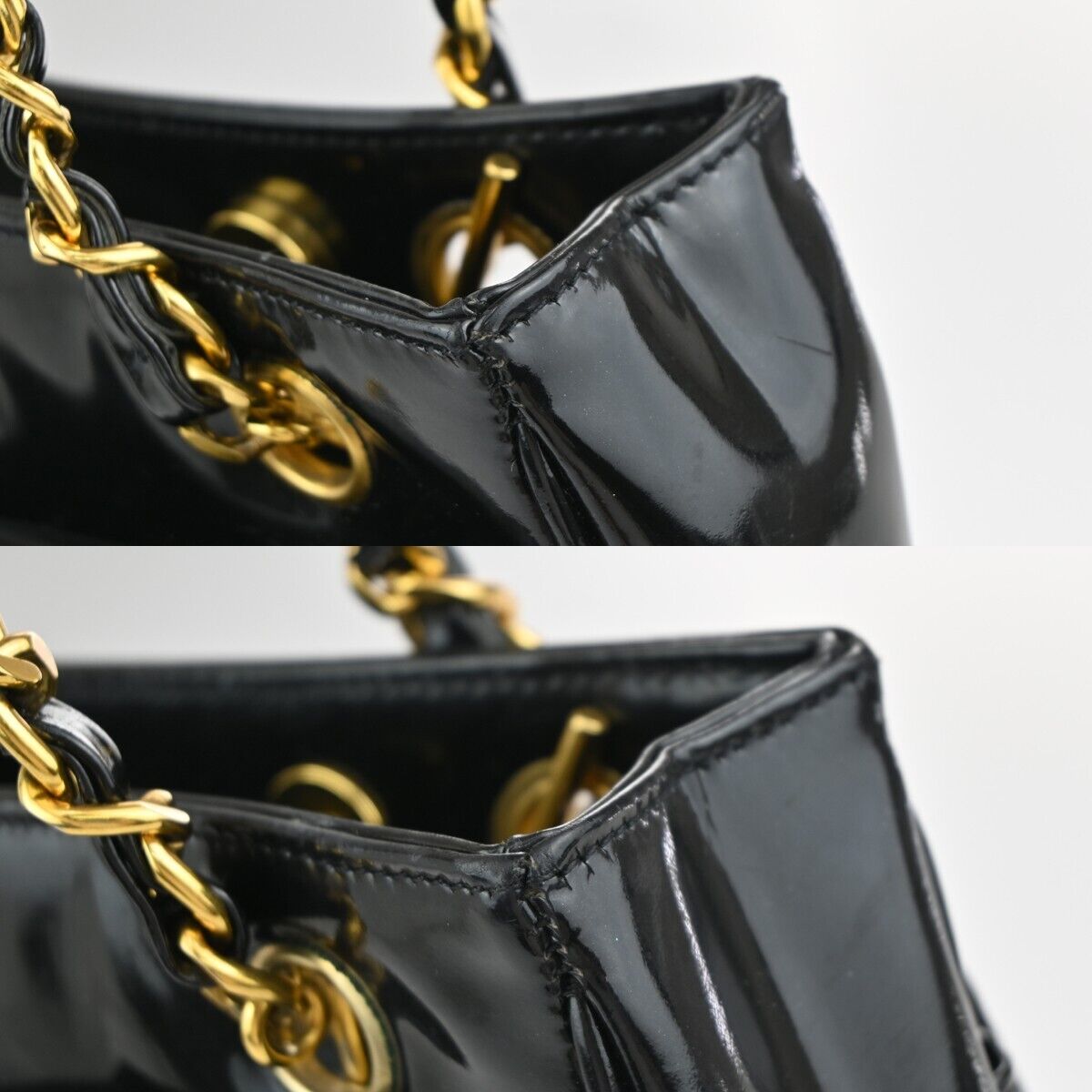 Chanel Black Patent_leather Logo Chain Shoulder Bag
