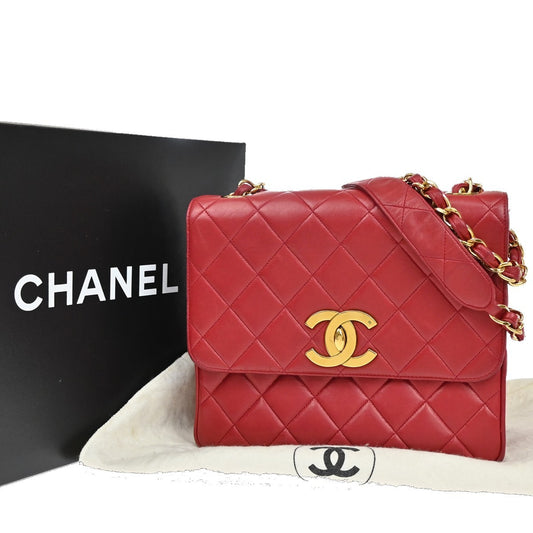 Chanel Red Leather Vintage Cc Flap Shoulder Bag