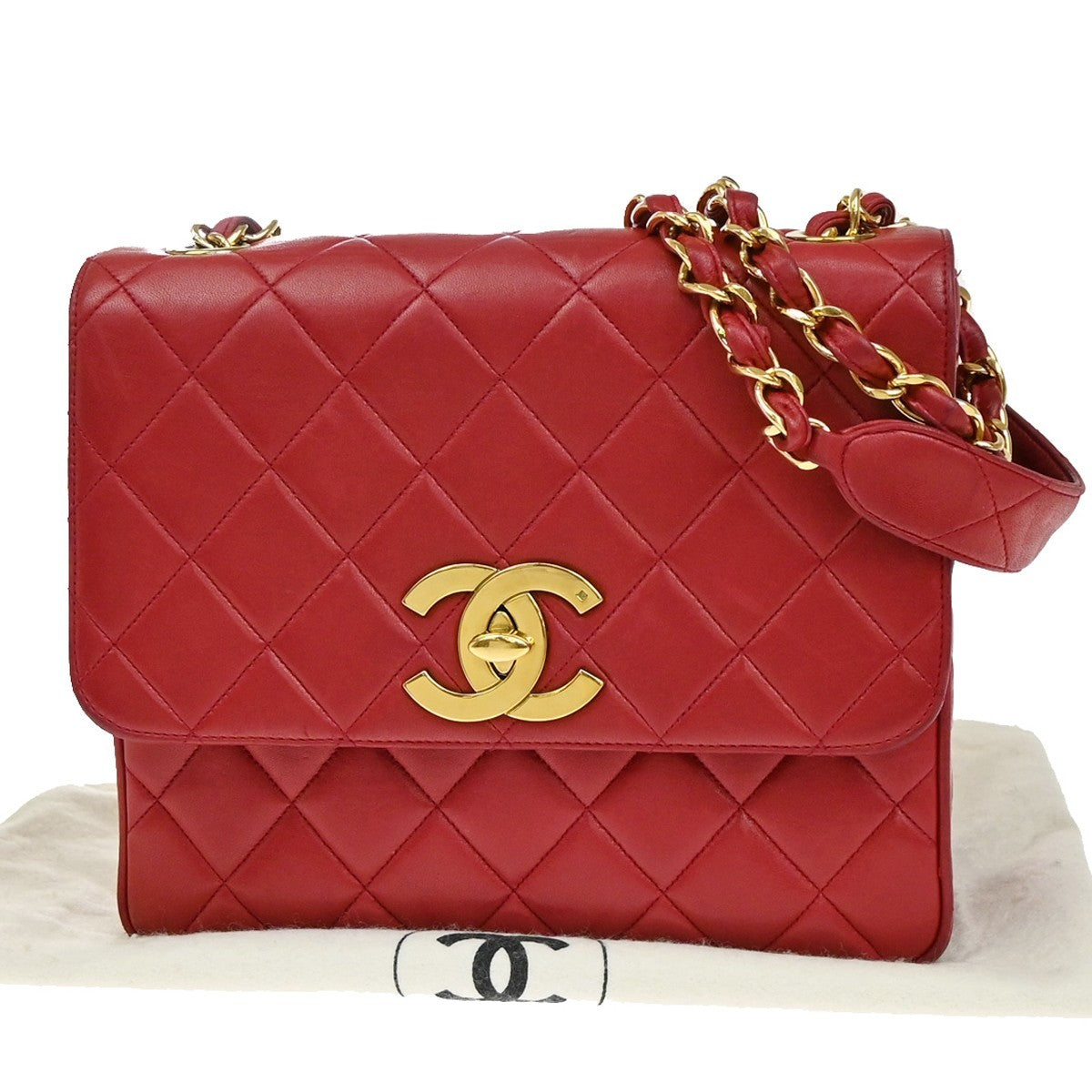 Chanel Red Leather Vintage Cc Flap Shoulder Bag