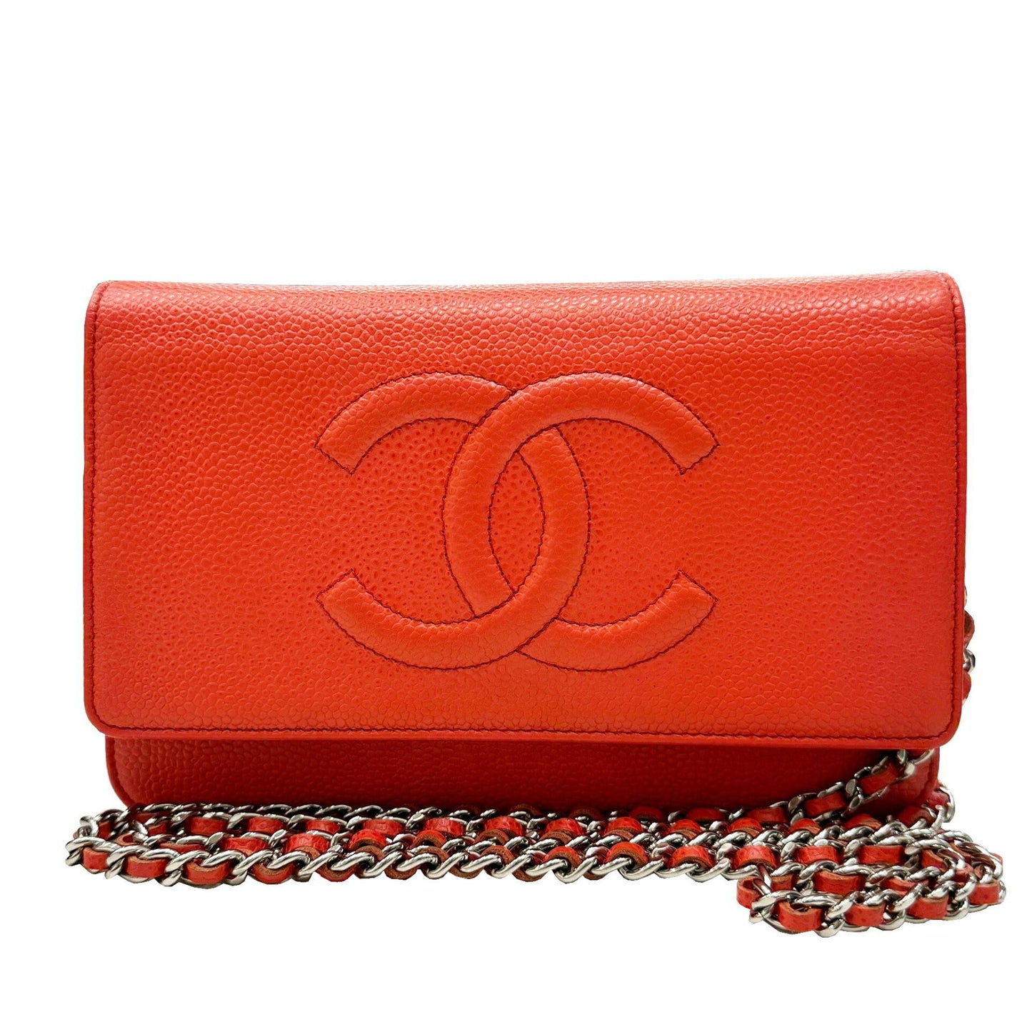 Chanel Orange Leather Wallet On Chain