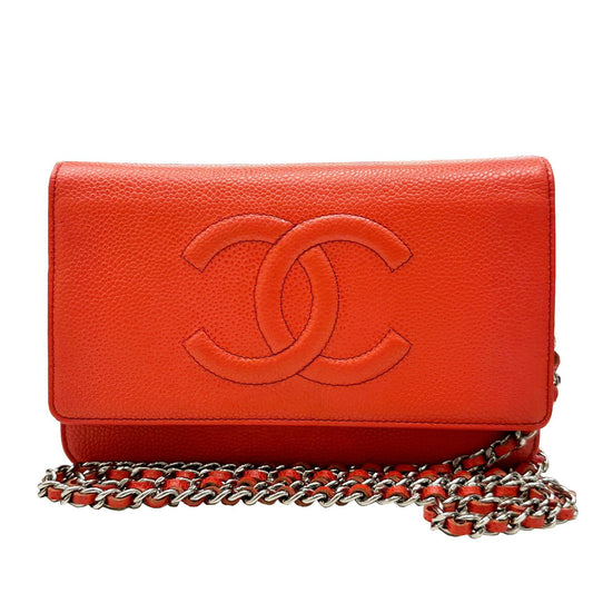Chanel Orange Leather Wallet On Chain