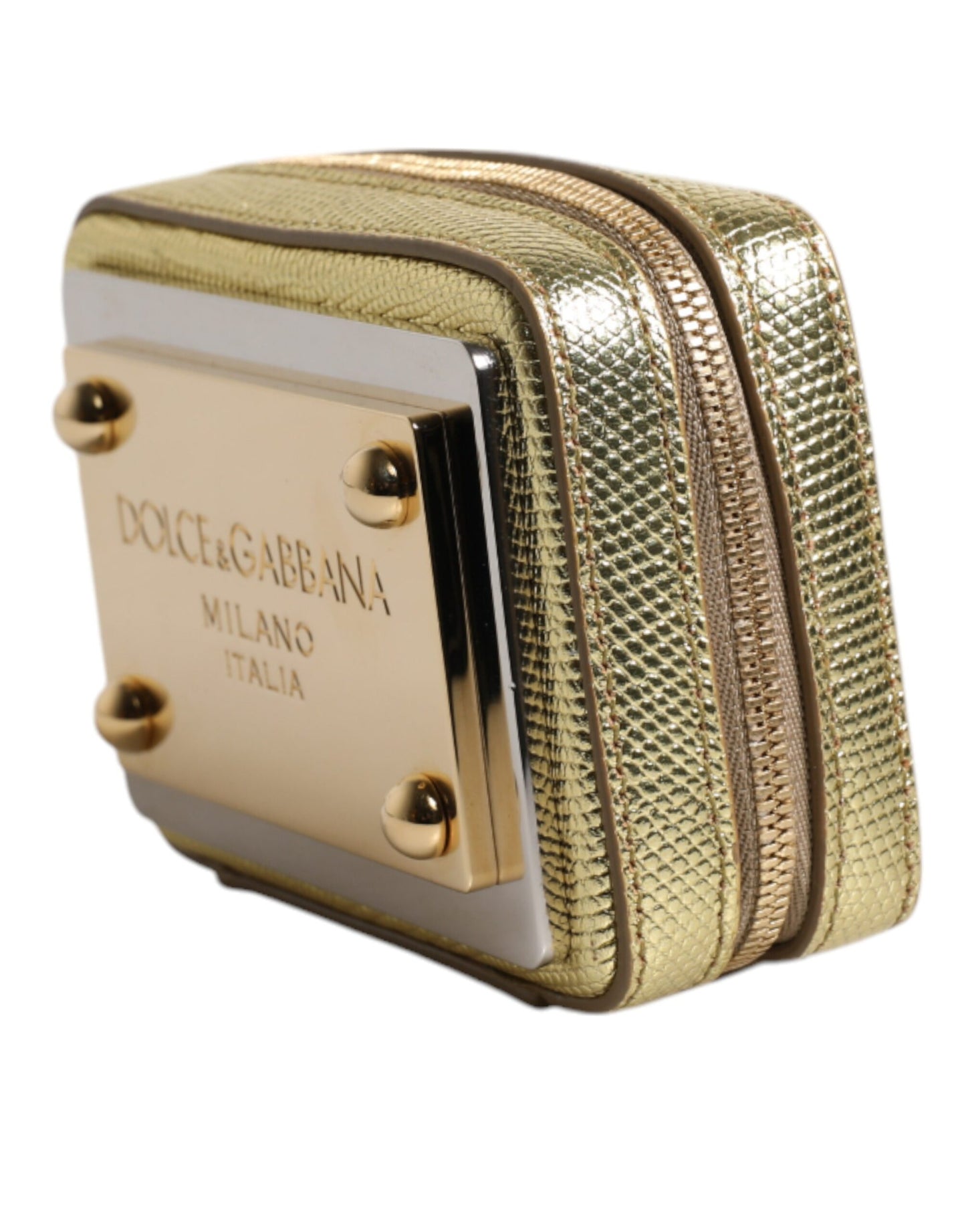 Dolce & Gabbana Gold Leather Dg Logo Plaque Zip Around Clutch Bag
