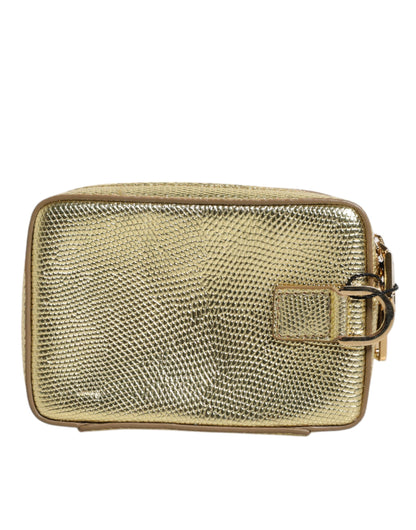 Dolce & Gabbana Gold Leather Dg Logo Plaque Zip Around Clutch Bag