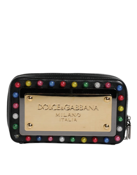 Dolce & Gabbana Black Leather Led Logo Wrist Strap Clutch Bag