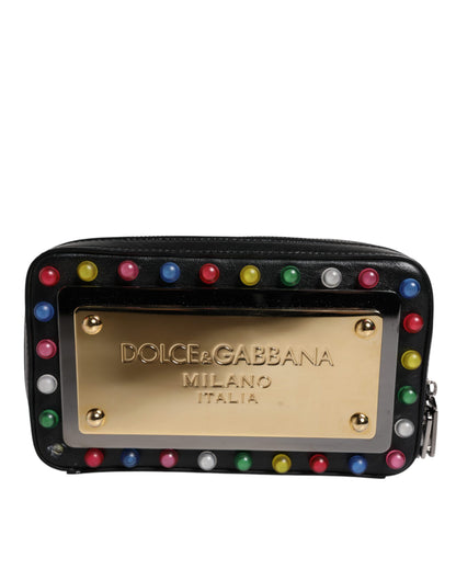 Dolce & Gabbana Black Leather Led Logo Wrist Strap Clutch Bag