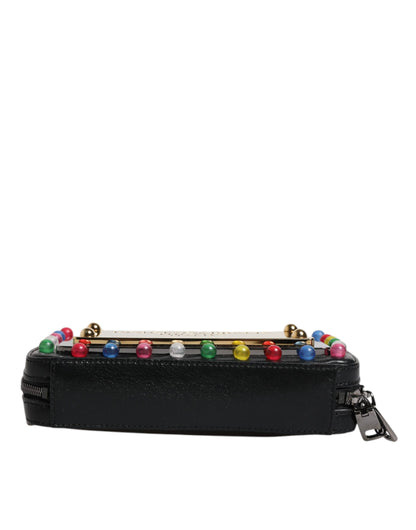 Dolce & Gabbana Black Leather Led Logo Wrist Strap Clutch Bag