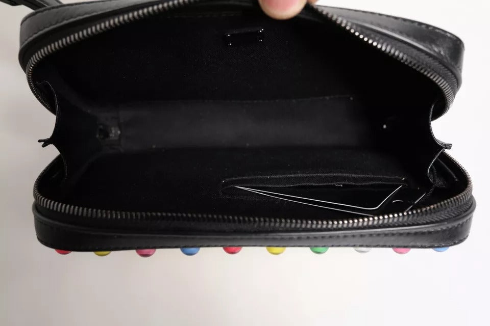 Dolce & Gabbana Black Leather Led Logo Wrist Strap Clutch Bag