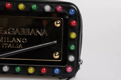 Dolce & Gabbana Black Leather Led Logo Wrist Strap Clutch Bag