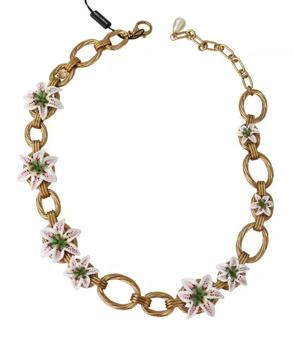 Dolce & Gabbana Gold Brass Oversize Chain Lily Flowers Necklace