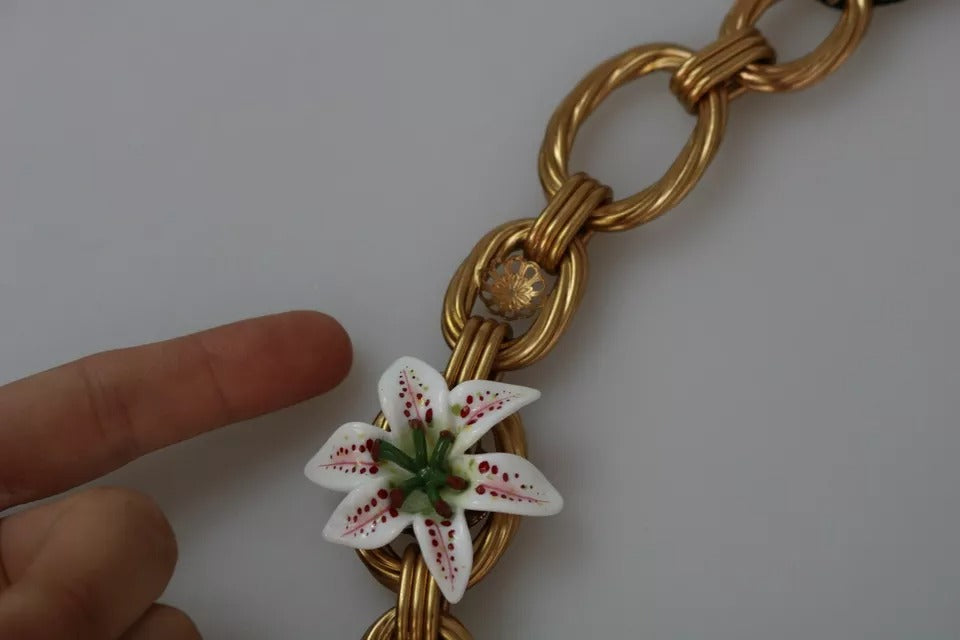 Dolce & Gabbana Gold Brass Oversize Chain Lily Flowers Necklace