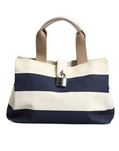 White Navy Striped Canvas Top Handle Tote Crossbody Bag